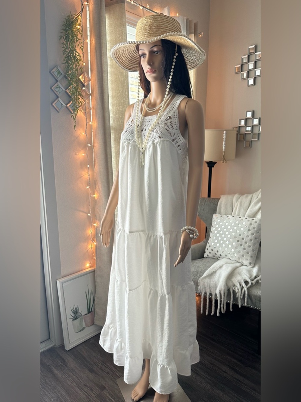 White Crochet Sleeveless Maxi Sundress Medium New